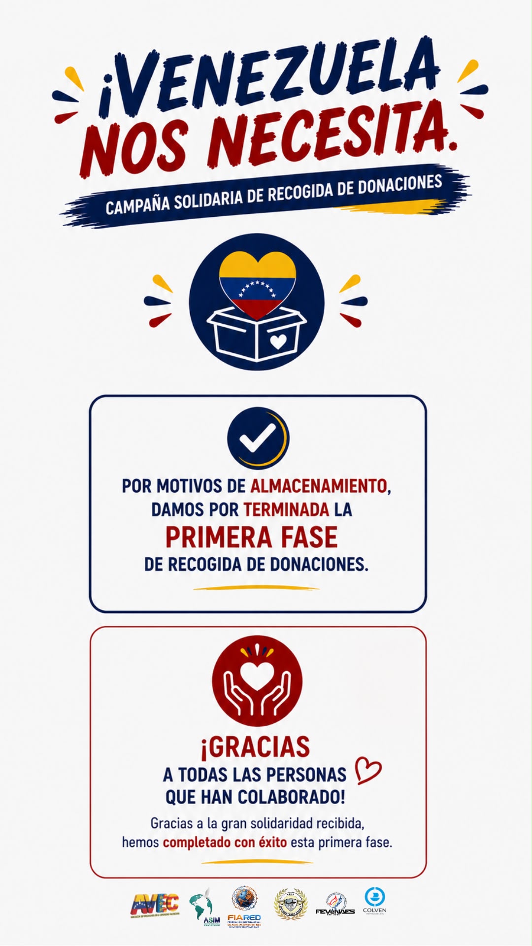 Cartel oficial de la campaña ¡Venezuela nos necesita! anunciando el fin de la primera fase, con los logotipos de AVEC, ASIM y FIARED